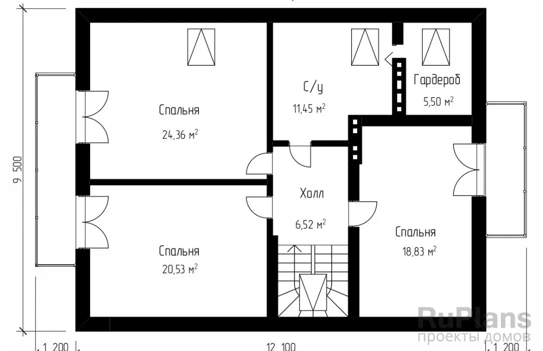Проект дома с мансардой 166 м², 9,5 × 12,1 м — Мансарда