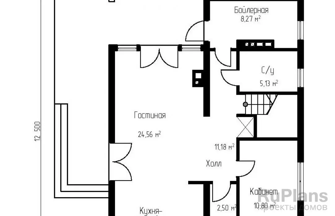 Проект дома с мансардой 168 м², 8,9 × 12,5 м — Первый этаж