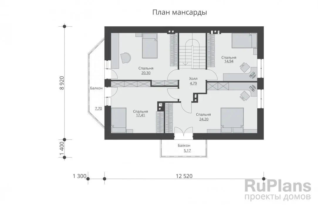 Проект дома с мансардой 169 м², 8,9 × 13,8 м — Мансарда