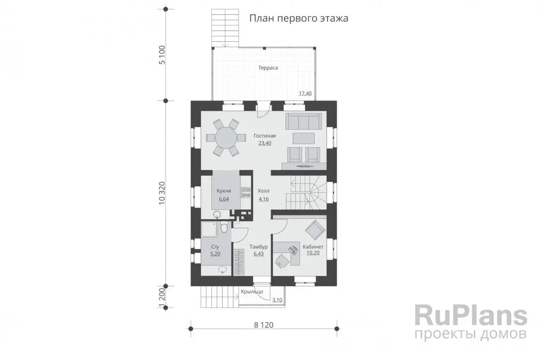 Проект дома с мансардой 171 м², 8,1 × 10,3 м — Первый этаж