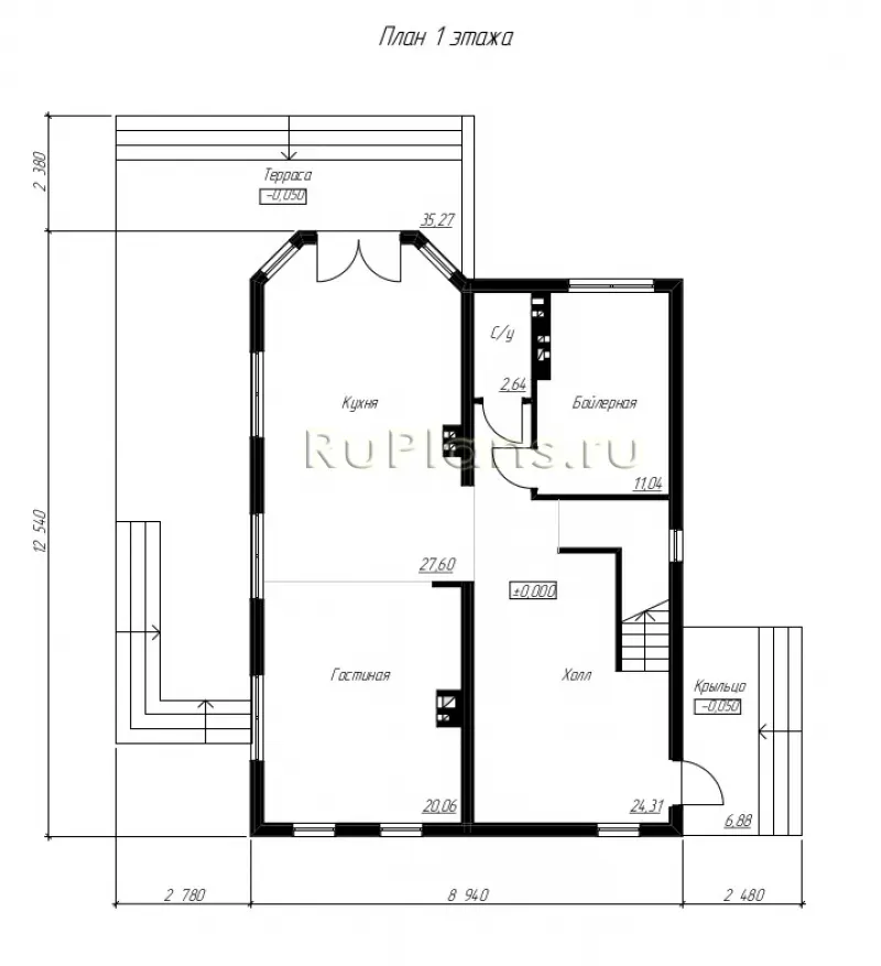 Проект дома с мансардой 171 м², 12,5 × 8,9 м — Первый этаж