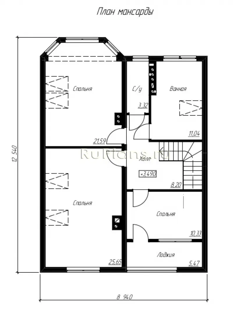 Проект дома с мансардой 171 м², 12,5 × 8,9 м — Мансарда