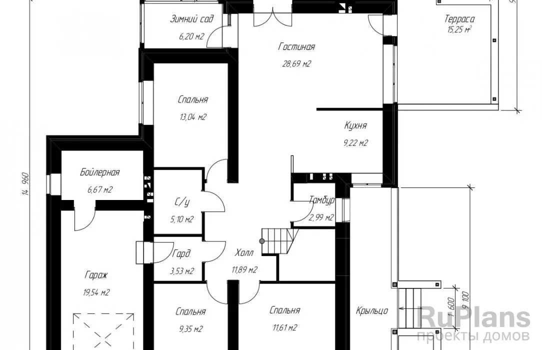 Проект дома с мансардой 172 м², 14,1 × 14 м — Первый этаж