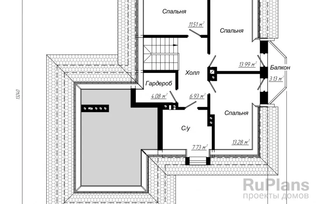 Проект дома с мансардой 173 м², 13,2 × 13,2 м — Мансарда
