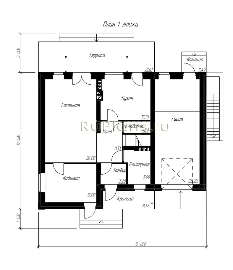 Проект дома с мансардой 173 м², 10,6 × 13 м — Первый этаж
