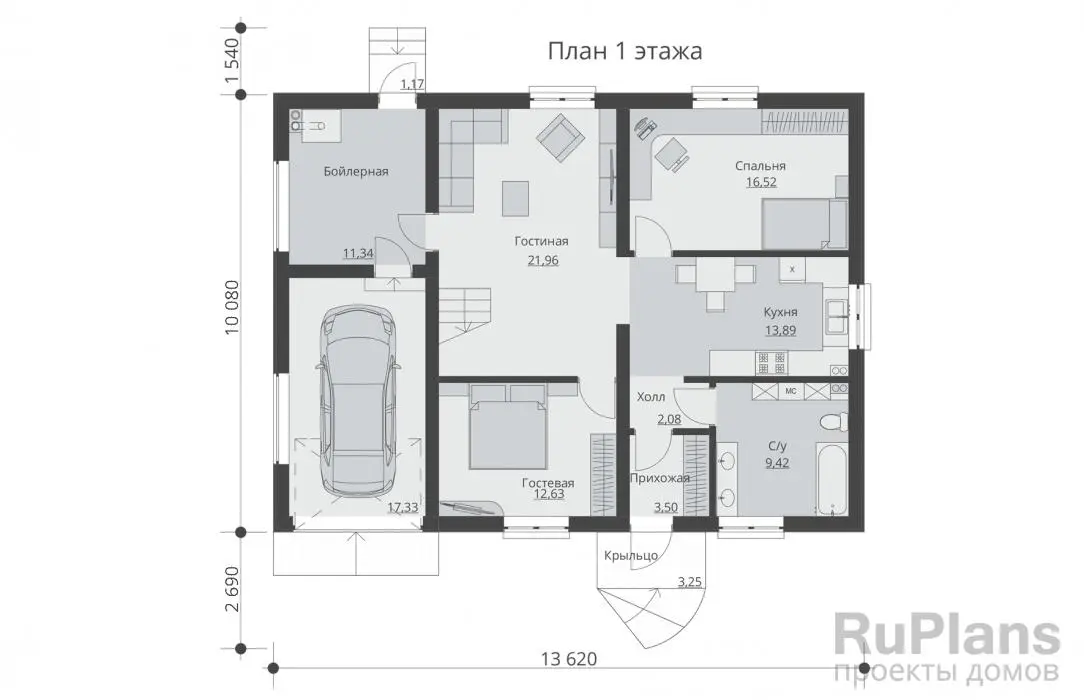 Проект дома с мансардой 173 м², 10,1 × 13,6 м — Первый этаж