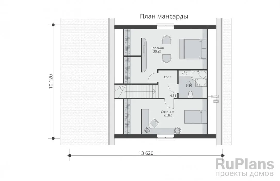 Проект дома с мансардой 173 м², 10,1 × 13,6 м — Мансарда