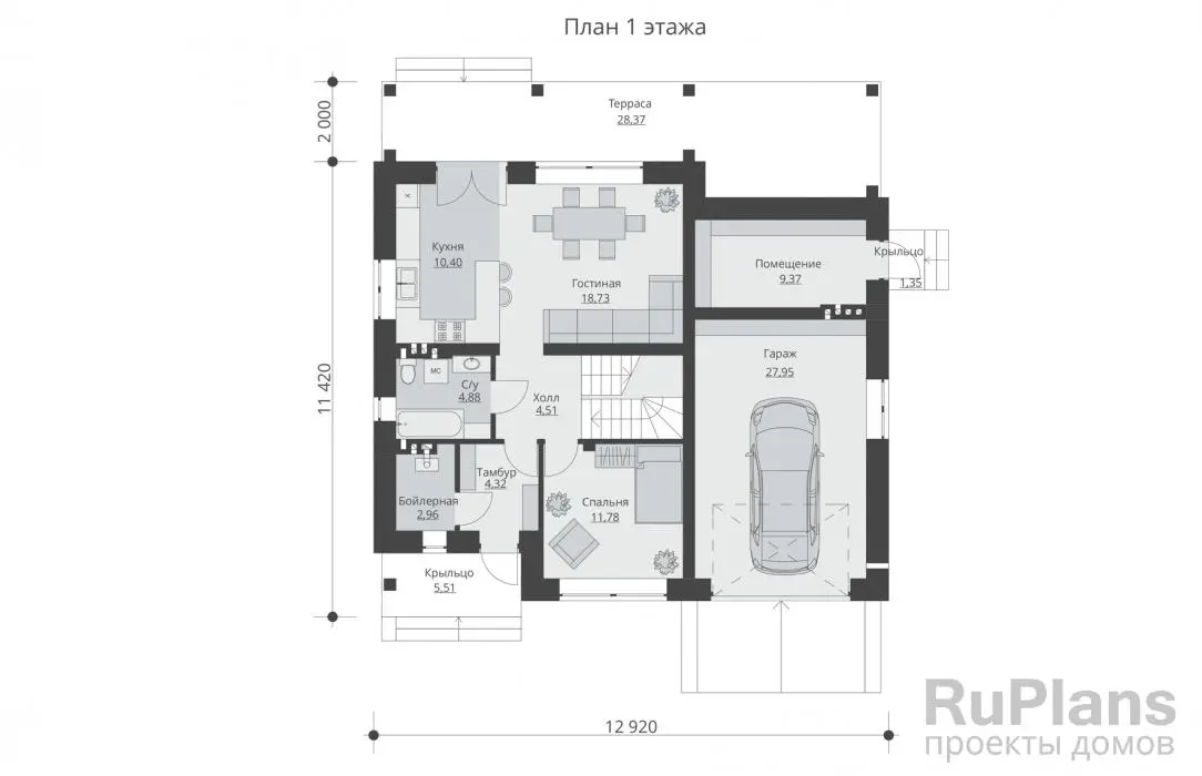 Проект дома с мансардой 173 м², 13,4 × 12,9 м — Первый этаж