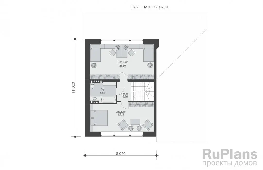 Проект дома с мансардой 173 м², 13,4 × 12,9 м — Мансарда