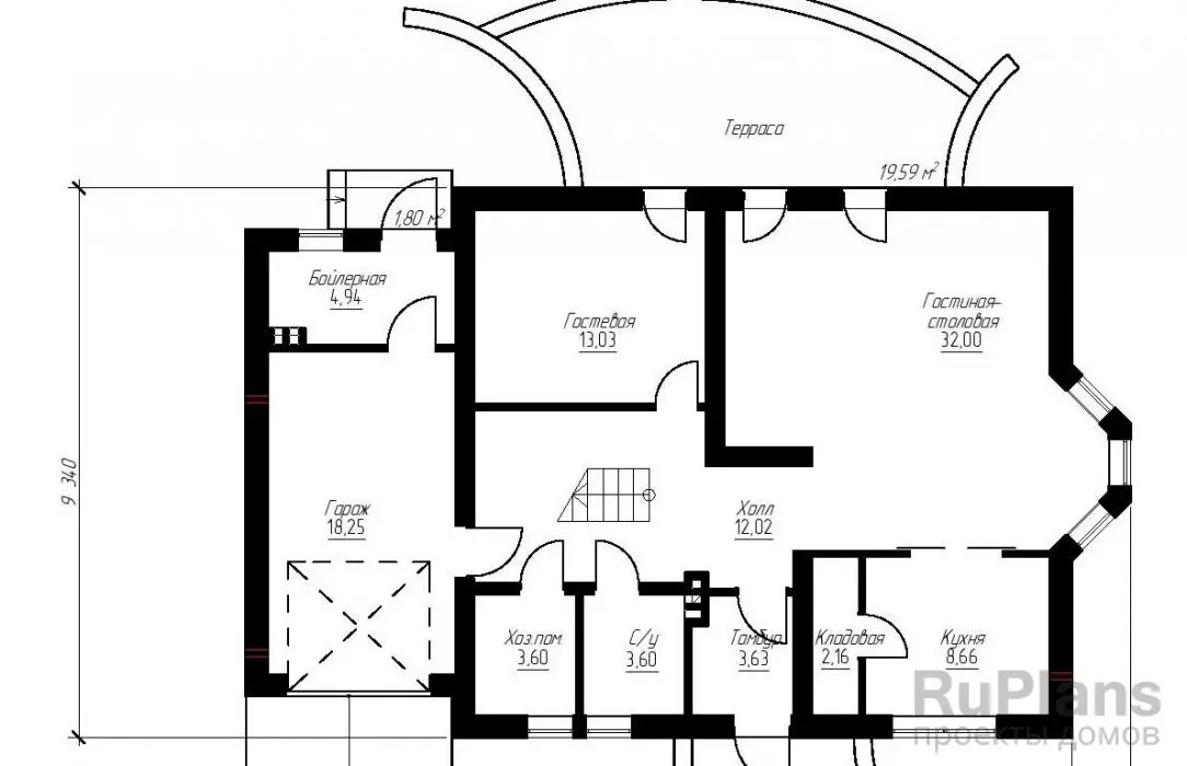 Проект дома с мансардой 174 м², 15 × 9,3 м — Первый этаж