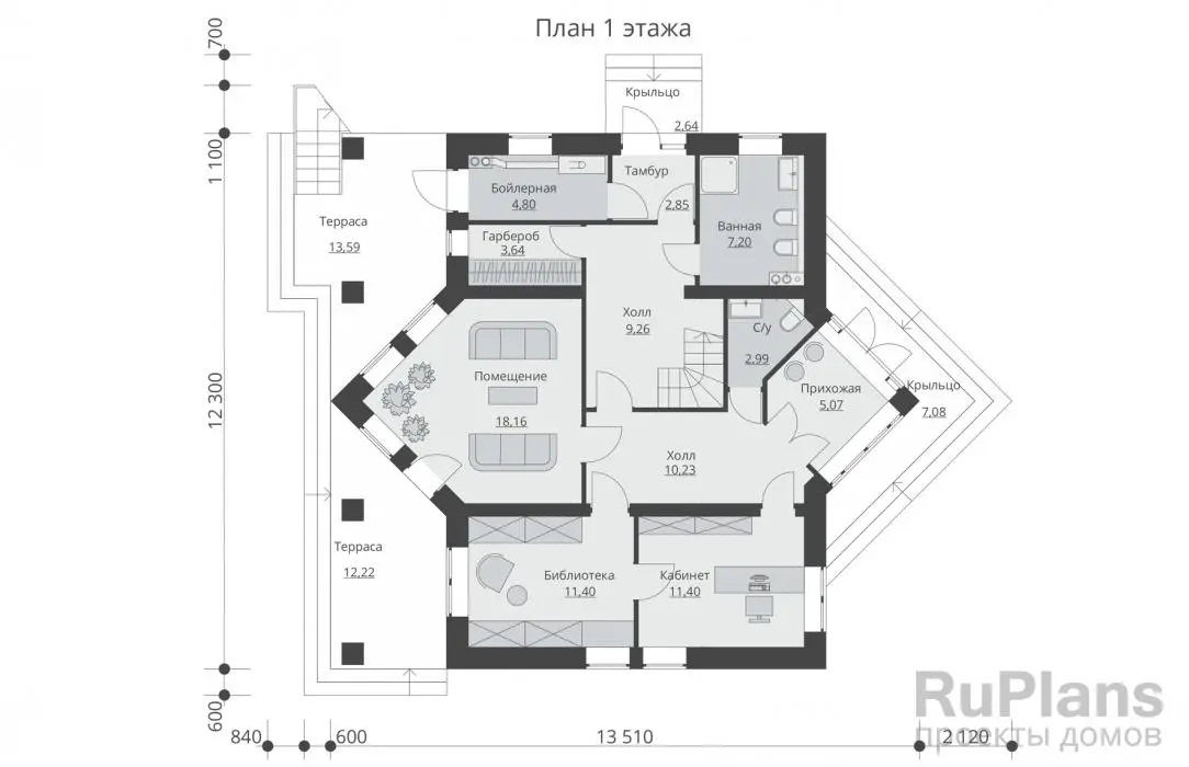 Проект дома с мансардой 174 м², 12,3 × 13,5 м — Первый этаж