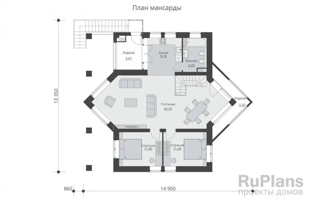 Проект дома с мансардой 174 м², 12,3 × 13,5 м — Мансарда