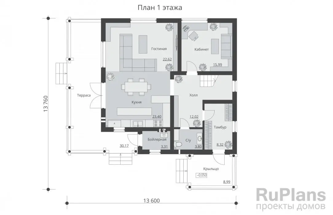 Проект дома с мансардой 176 м², 13,8 × 13,6 м — Первый этаж