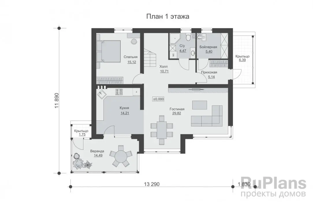 Проект дома с мансардой 177 м², 11,9 × 15,1 м — Первый этаж