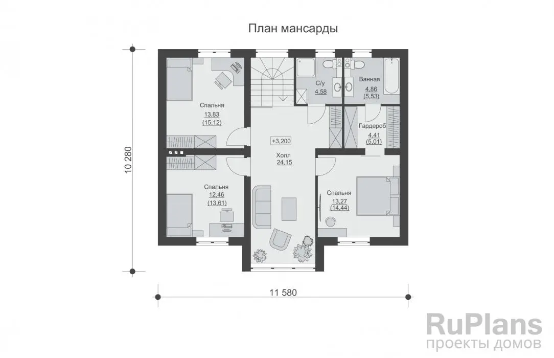 Проект дома с мансардой 177 м², 11,9 × 15,1 м — Мансарда