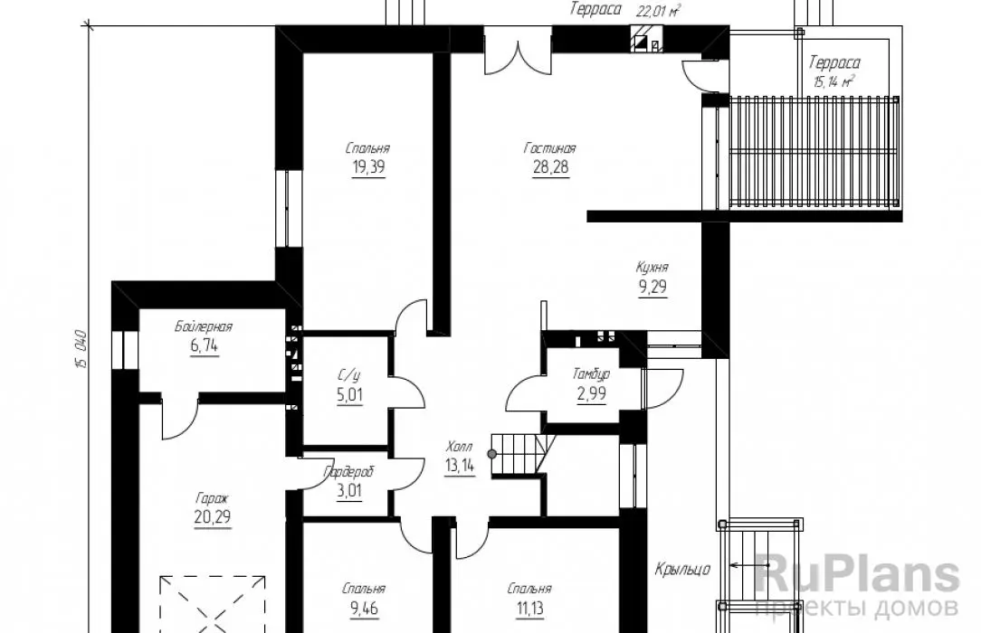 Проект дома с мансардой 178 м², 14,2 × 15 м — Первый этаж
