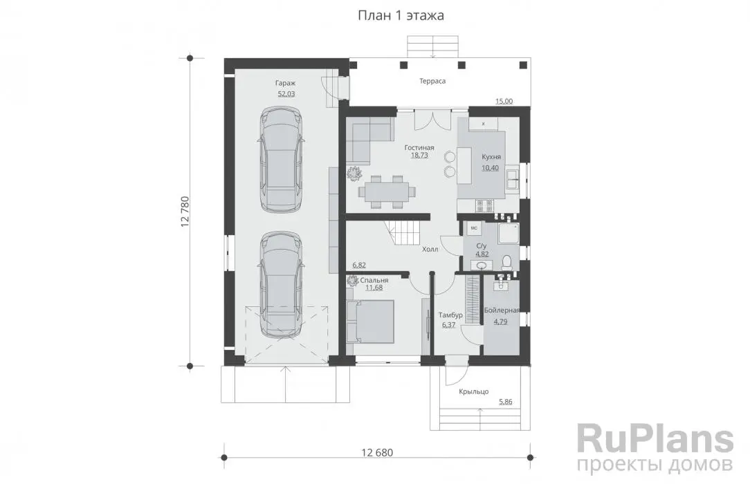 Проект дома с мансардой 178 м², 12,8 × 12,7 м — Первый этаж