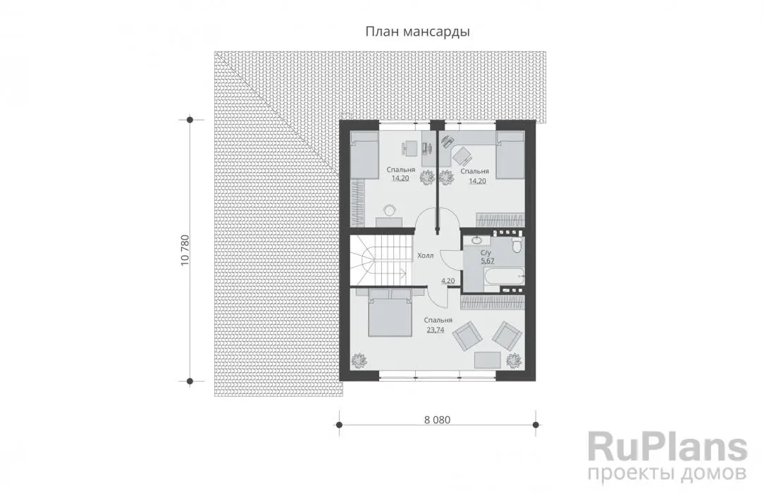 Проект дома с мансардой 178 м², 12,8 × 12,7 м — Мансарда