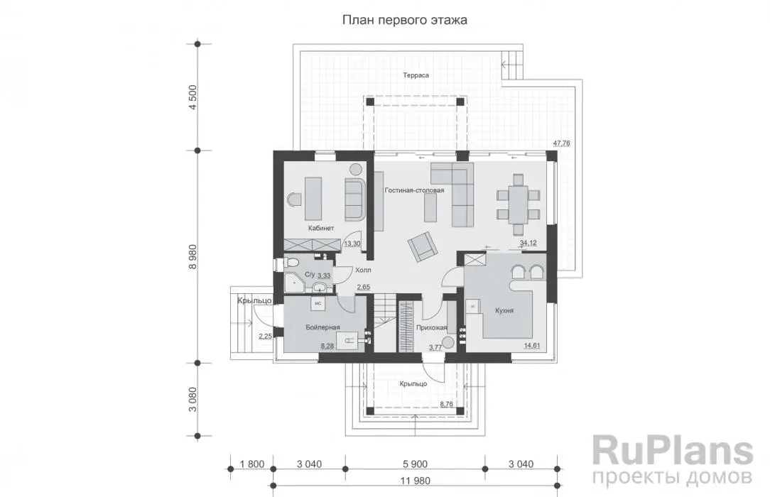 Проект дома с мансардой 179 м², 8 × 11 м — Первый этаж