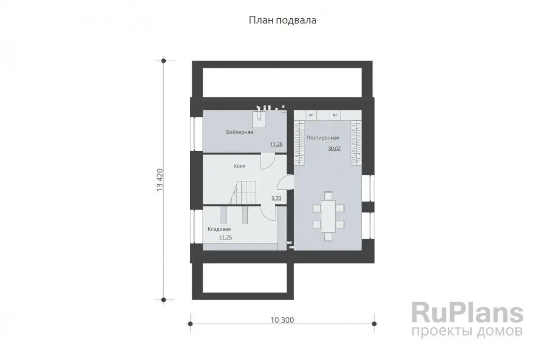 Проект дома с мансардой 180 м², 10,1 × 9,1 м — Цокольный этаж