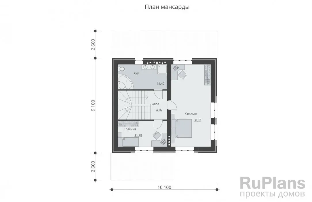 Проект дома с мансардой 180 м², 10,1 × 9,1 м — Мансарда