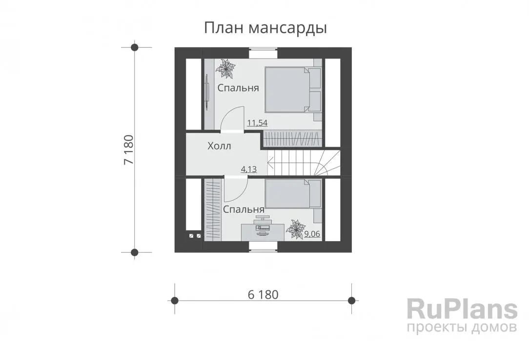 Проект дома с мансардой 55 м², 9,1 × 6,2 м — Мансарда