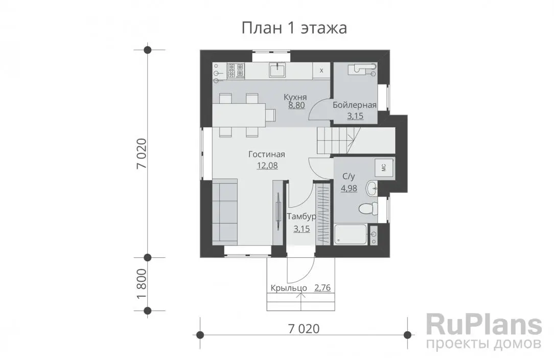 Проект дома с мансардой 63 м², 7 × 7 м — Первый этаж