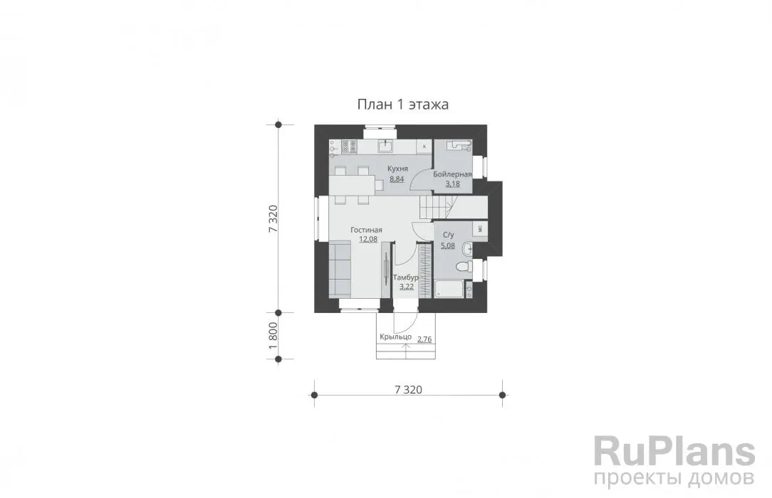 Проект дома с мансардой 63 м², 7,3 × 7,3 м — Первый этаж