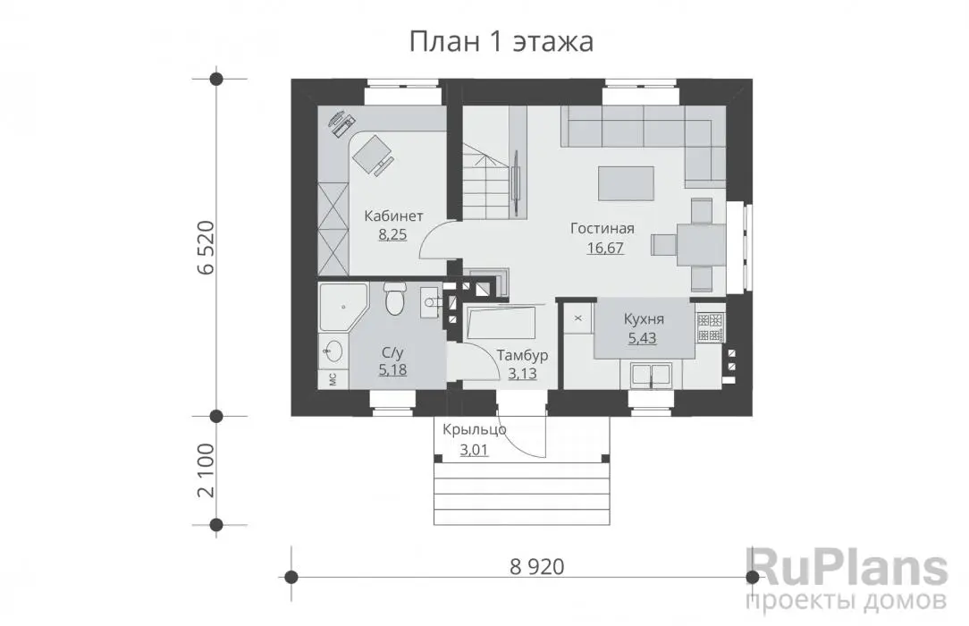 Проект дома с мансардой 65 м², 6,5 × 8,9 м — Первый этаж