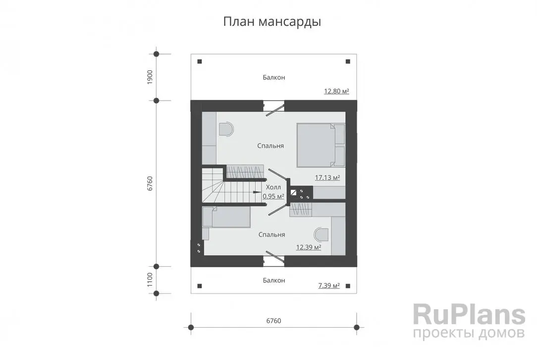 Проект дома с мансардой 68 м², 10,7 × 6,8 м — Мансарда