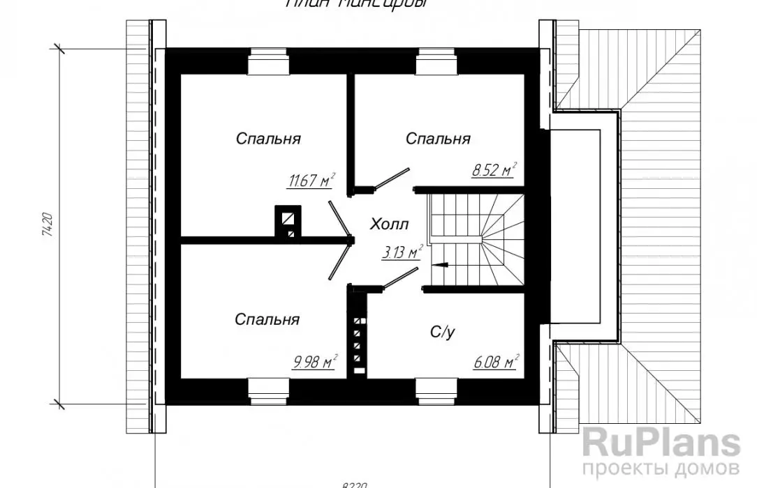 Проект дома с мансардой 82 м², 10,7 × 7,4 м — Мансарда