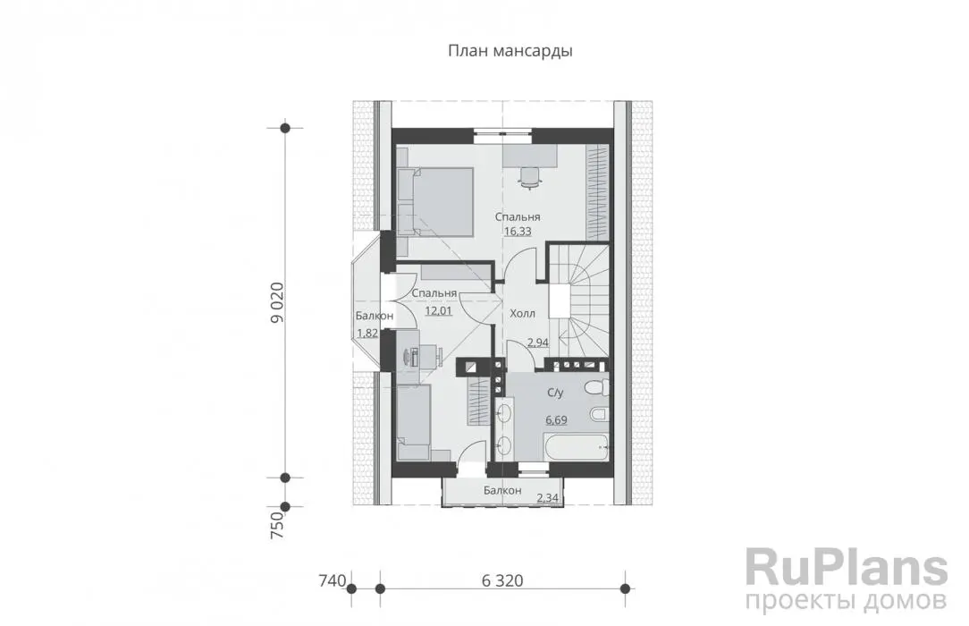 Проект дома с мансардой 82 м², 7,1 × 9 м — Мансарда
