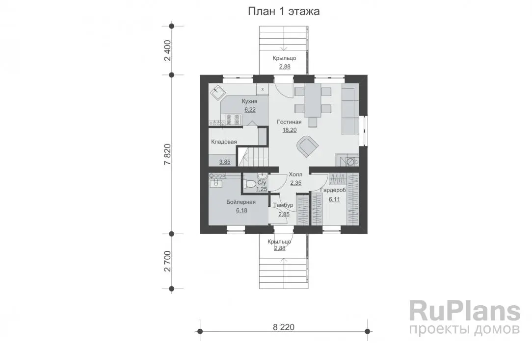 Проект дома с мансардой 87 м², 8,2 × 7,8 м — Первый этаж