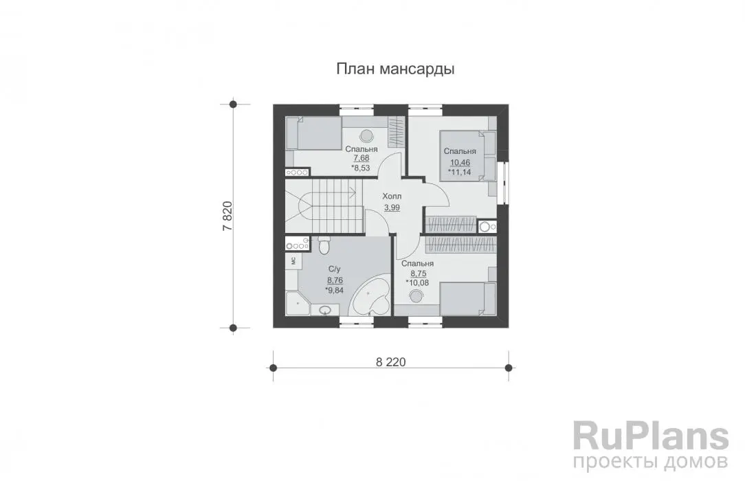 Проект дома с мансардой 87 м², 8,2 × 7,8 м — Мансарда