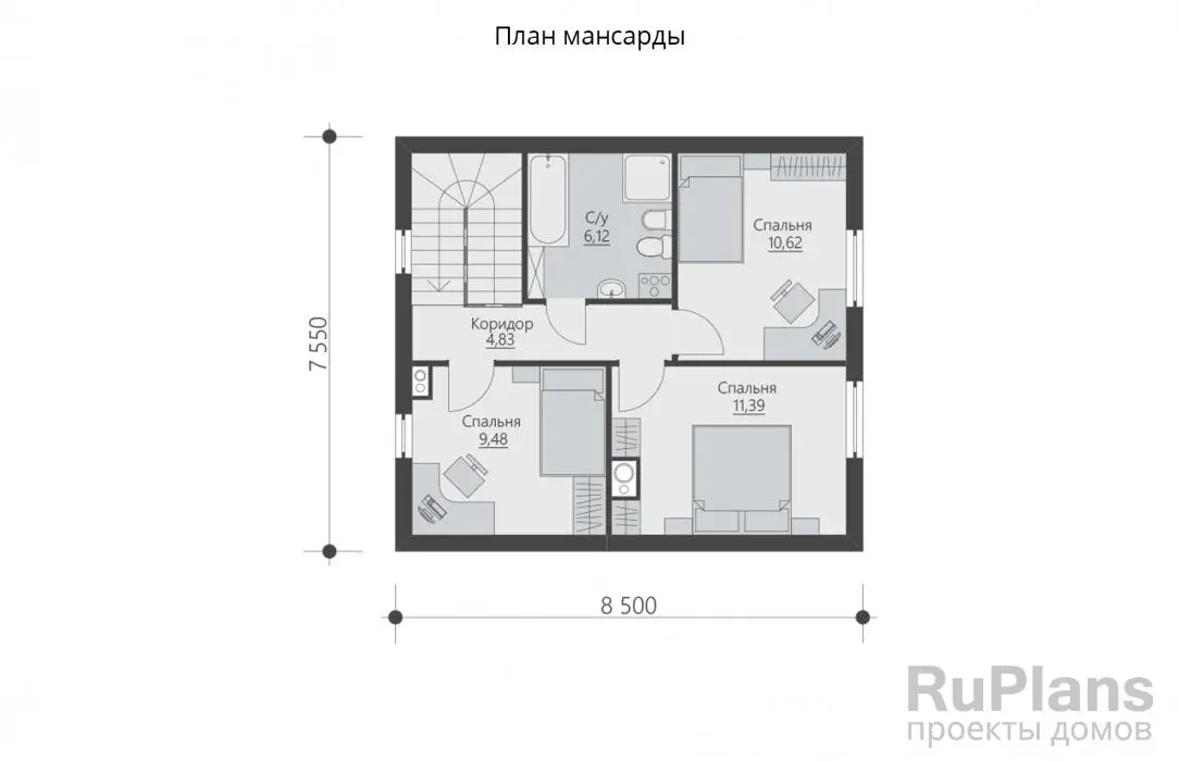 Проект дома с мансардой 88 м², 7,5 × 8,5 м — Мансарда