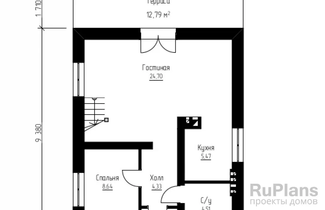 Проект дома с мансардой 90 м², 7,5 × 9,4 м — Первый этаж