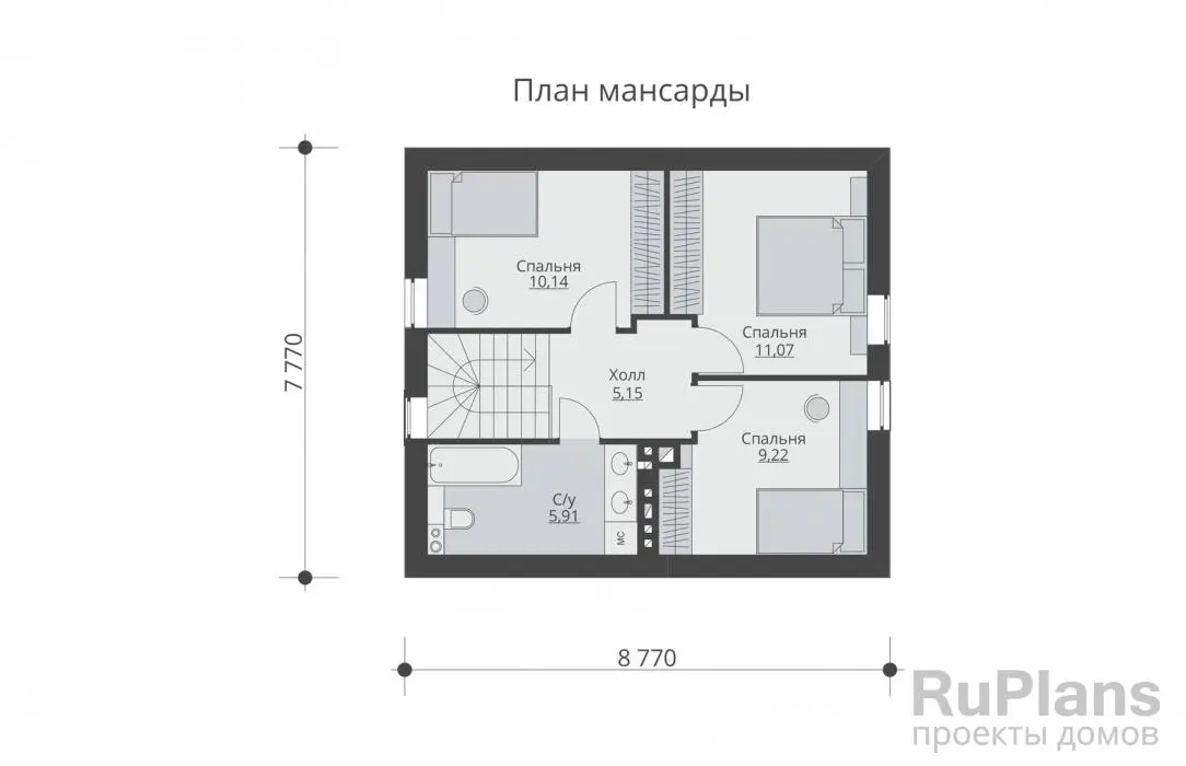 Проект дома с мансардой 91 м², 7,8 × 8,8 м — Мансарда