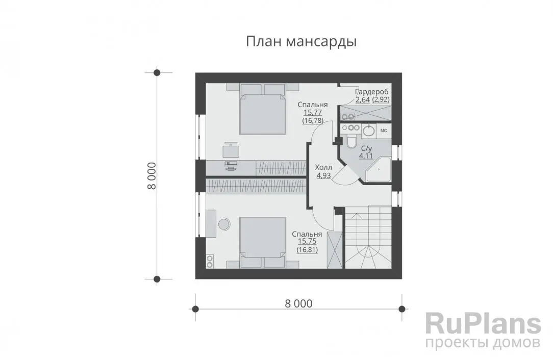 Проект дома с мансардой 91 м², 8 × 8 м — Мансарда