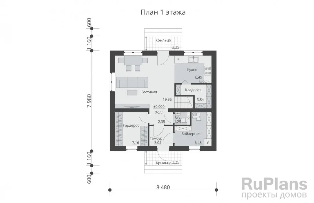 Проект дома с мансардой 94 м², 11,5 × 8,5 м — Первый этаж