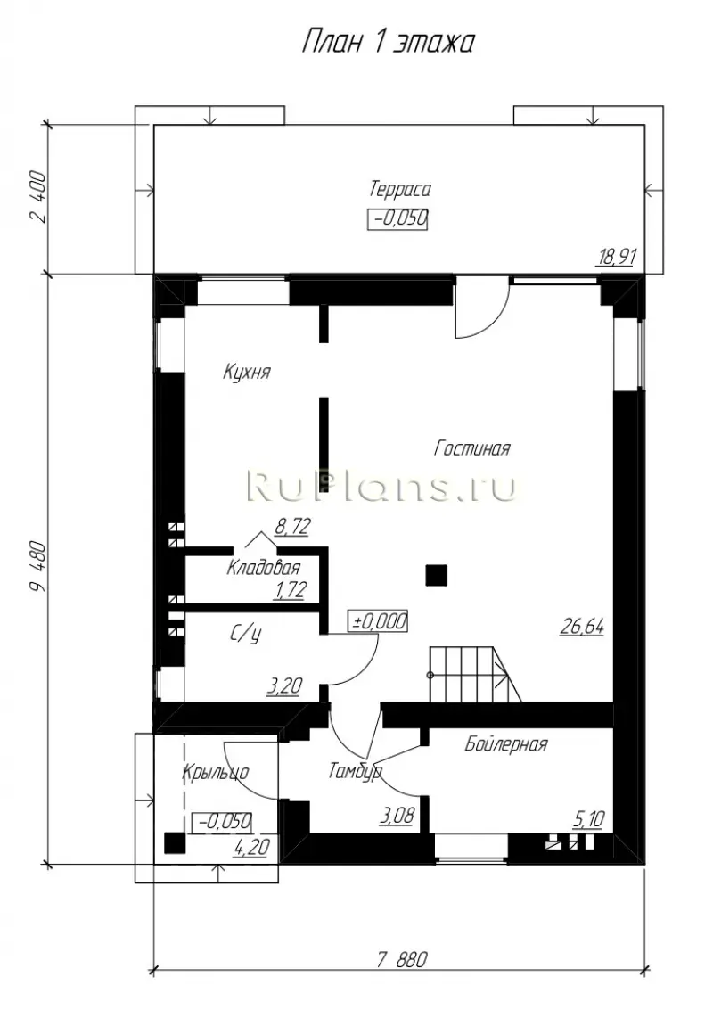 Проект двухэтажного дома 100 м², 9,5 × 7,9 м — Первый этаж