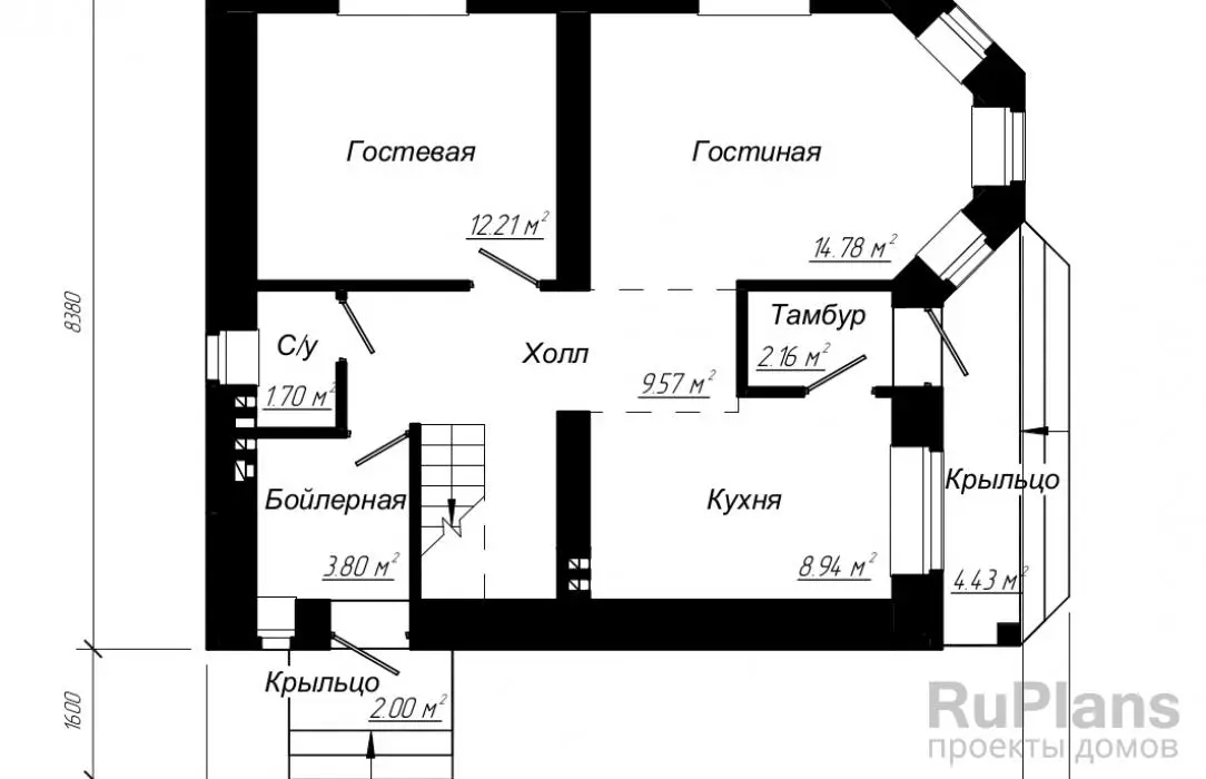 Проект двухэтажного дома 106 м², 9 × 8,4 м — Первый этаж