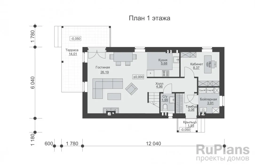 Проект двухэтажного дома 106 м², 9 × 13,8 м — Первый этаж