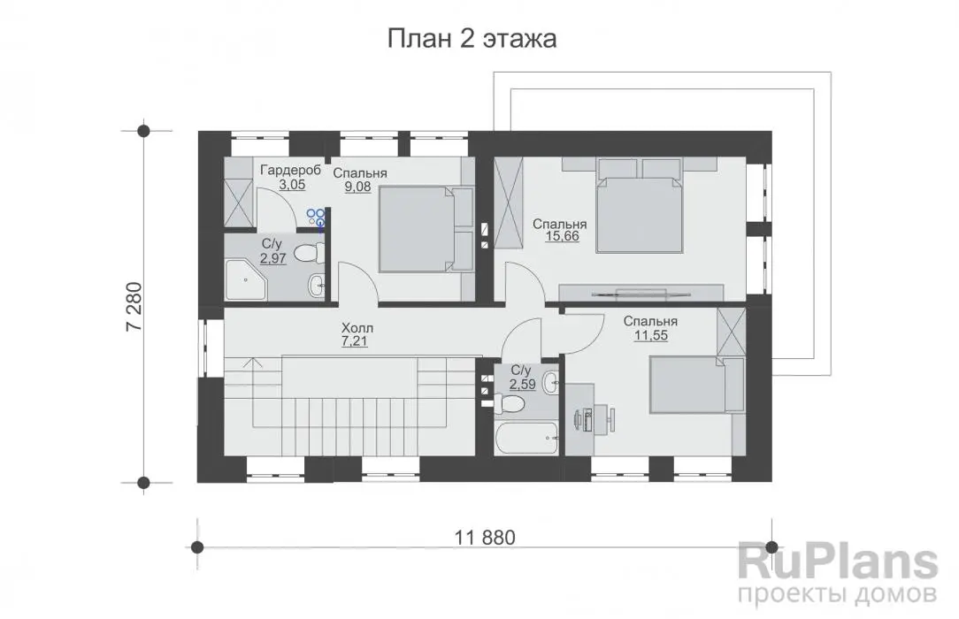 Проект двухэтажного дома 110 м², 7,3 × 11,9 м — Второй этаж
