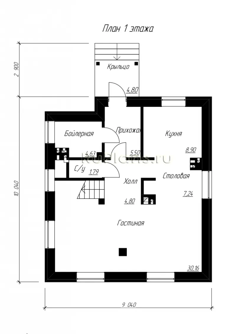 Проект двухэтажного дома 116 м², 10,4 × 9,4 м — Первый этаж