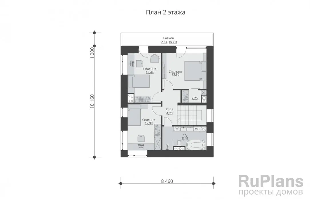 Проект двухэтажного дома 117 м², 13,9 × 8,5 м — Второй этаж