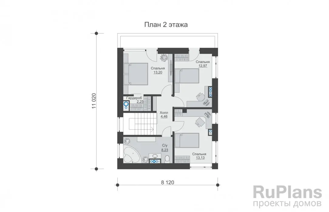 Проект двухэтажного дома 117 м², 10,9 × 8,1 м — Второй этаж