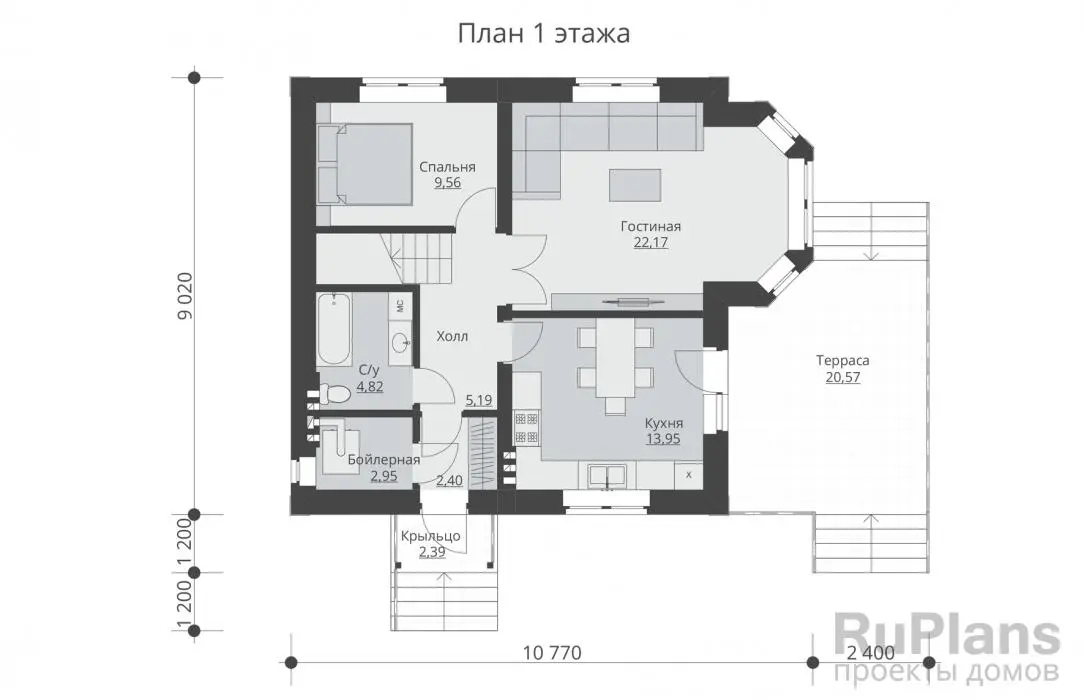 Проект двухэтажного дома 118 м², 10,2 × 13,2 м — Первый этаж