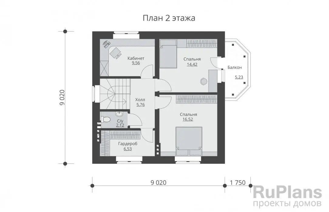Проект двухэтажного дома 118 м², 10,2 × 13,2 м — Второй этаж