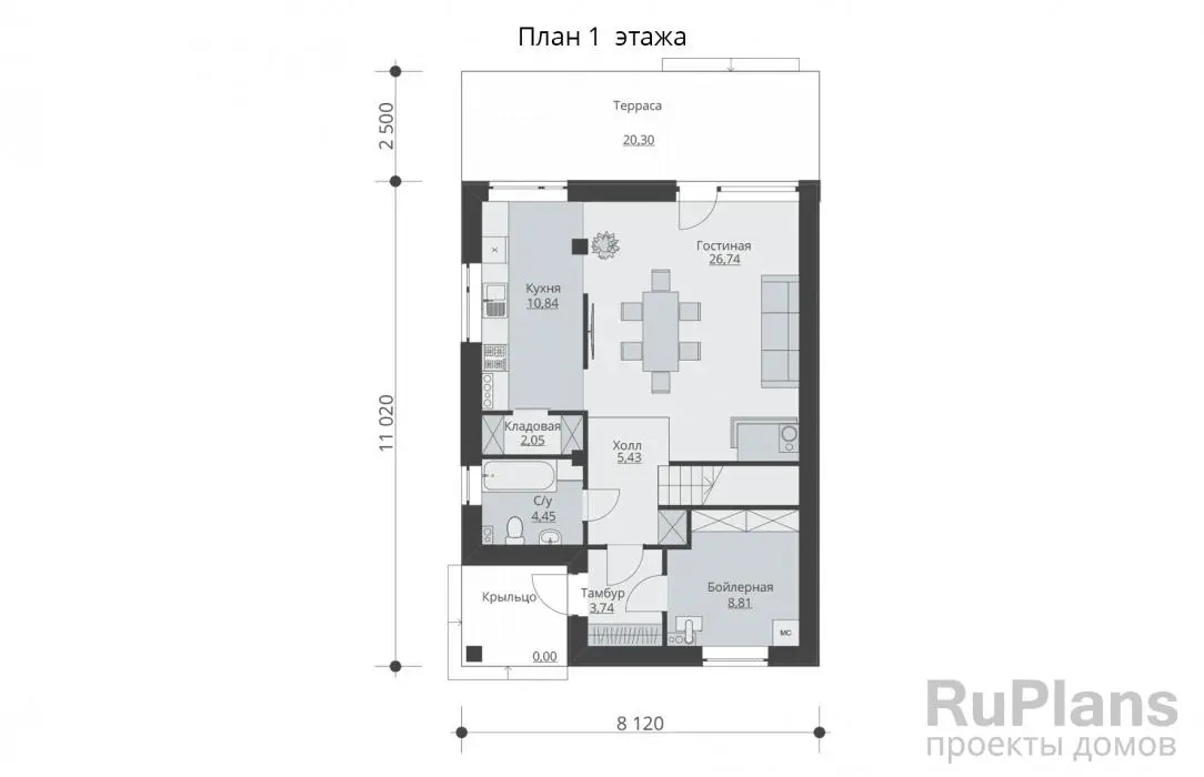 Проект двухэтажного дома 118 м², 11 × 8,1 м — Первый этаж