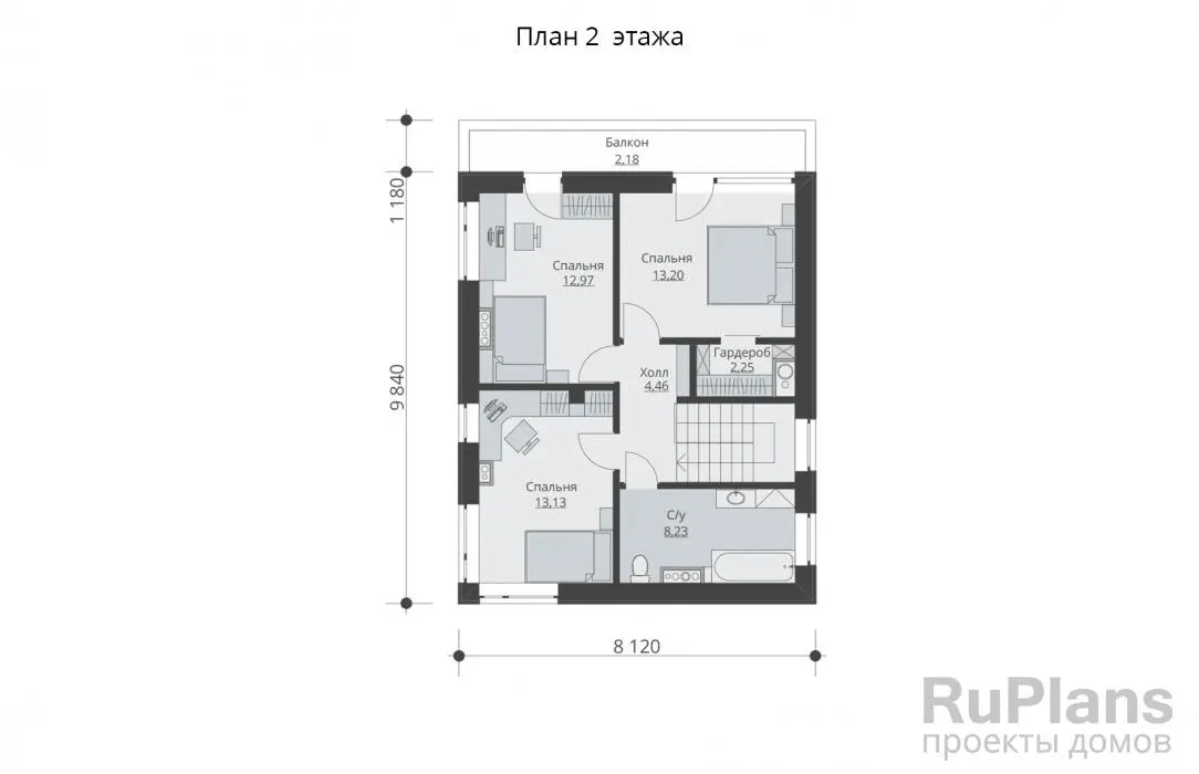 Проект двухэтажного дома 118 м², 11 × 8,1 м — Второй этаж